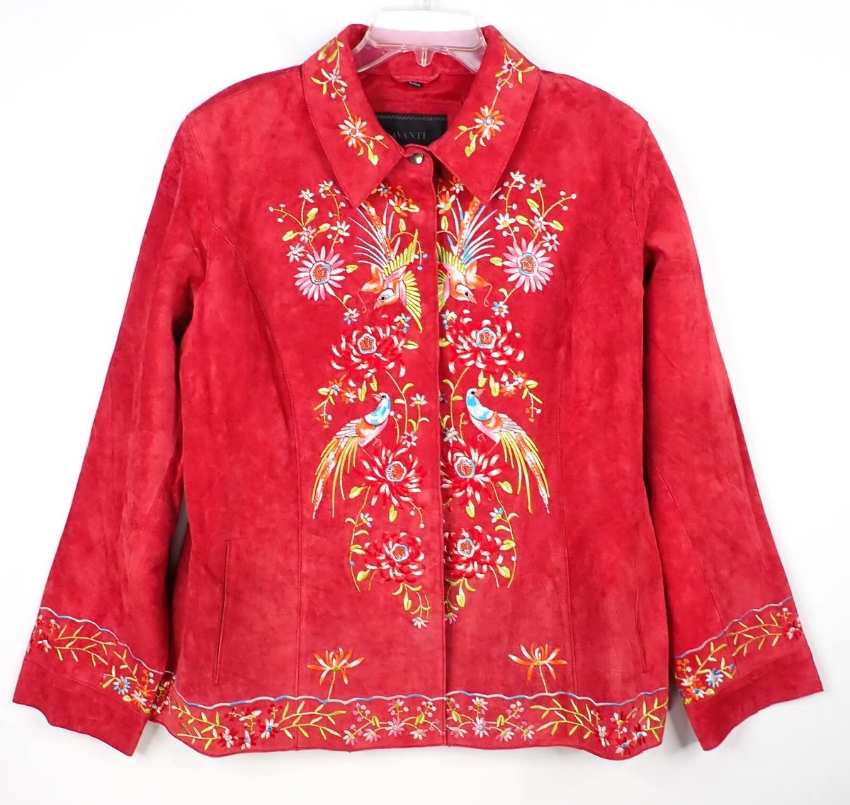 AVANTI New York Red Art to Wear Suede Embroidered Bird Floral Jacket Size L