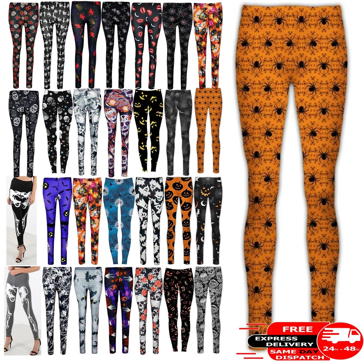 Womens Halloween Pumpkin Stretchy Leggings Ladies Pants Spider Web Bats  Skull