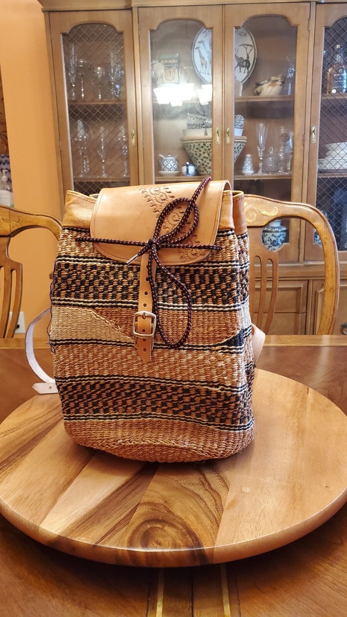 Bag Backpack Purse Shoulder Jute Artisan Leather Buckle  display picture 1
