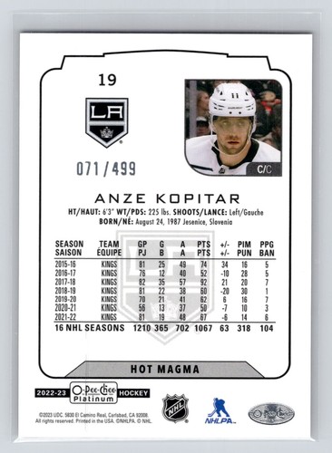 2022-23 O-Pee-Chee Platinum Anze Kopitar #19 Hot Magma #'d/499 - Picture 2 of 2