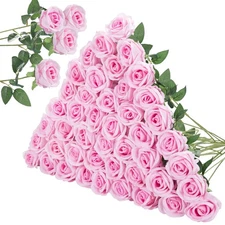50 Pcs Pink Roses Artificial Flowers, Fake Velvet Silk Rose Bulk Faux Flower ...