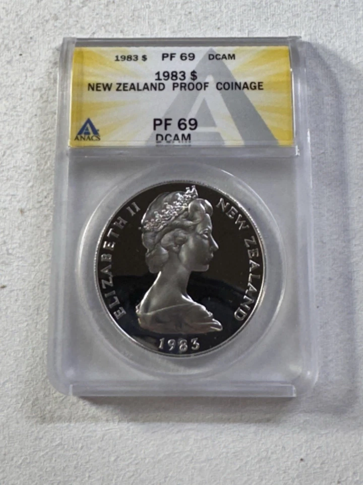 Nueva Zelanda 1983 $1 plata prueba graduada PR 69 DCAM por ANACS 50 años de monedas de Nueva Zelanda Foto 4 de 4