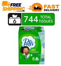 Puffs Plus Lotion Facial Tissue, 6 Family Size Boxes, 124 Tissues per Box