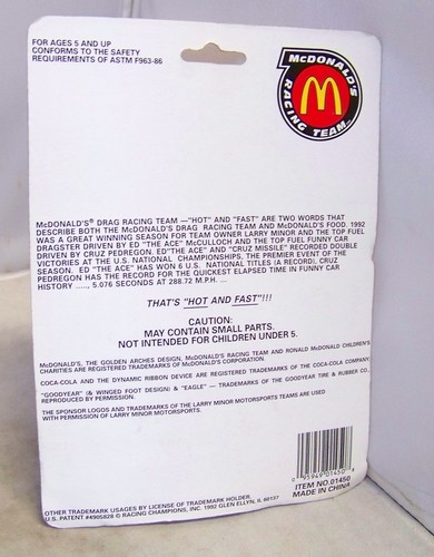 1:64 RACING CHAMPIONS 1992 NHRA MCDONALDS TOP FUEL DRAGSTER ED THE ACE MCCULLOCH - Picture 2 of 2