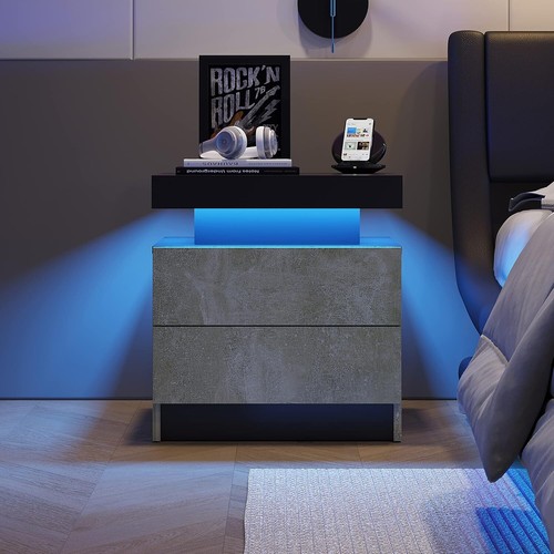 LED Nightstand with 2 Drawers Wood Beside Table with LED Light for Bedroom - Picture 4 of 25