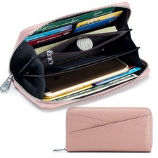Women Genuine Leather RFID Blocking Credit Card Holder Clutch Purse Wallet Pink