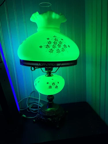 Fenton Hand Painted Custard Glass Lamp - Dogwood Pattern - Uranium GLOWS! - 21"