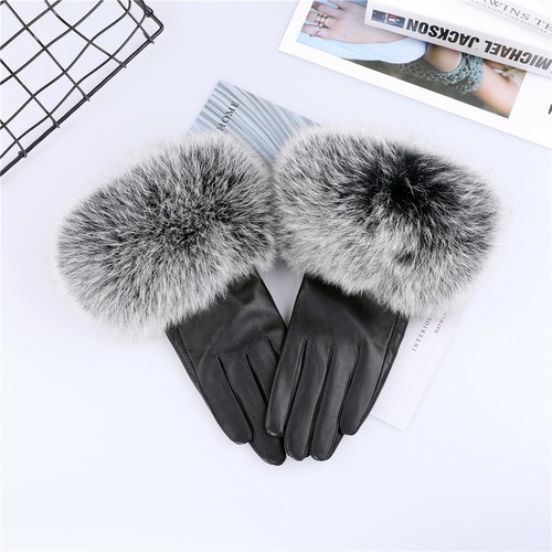 Women's Real Sheepskin Leather Gloves Fox Fur Cuffs Mittens Winter Warm Glove - Picture 3 of 44