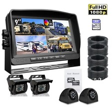 9" Quad Monitor DVR Video Recorder  4x Side Rear View Backup Camera For Truck