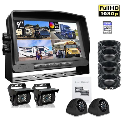 9'' Quad Monitor DVR Video Recorder + 4x Side Rear View Backup Camera For Truck