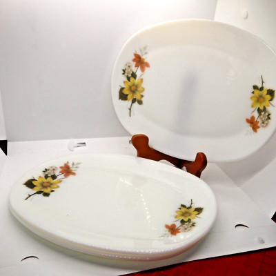1960s JAJ Pyrex Autumn Glory Oval Dinner Plates   Set of 4 Retro Milk Glass Stea