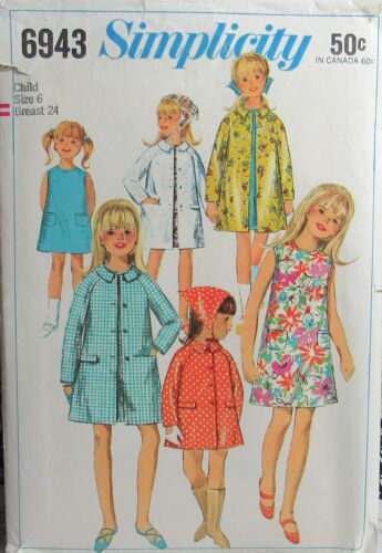 VTG 60s Simplicity 6943 Little Girls 6 A-line Shift Dress & Raglan Coat Pattern - Picture 1 of 2