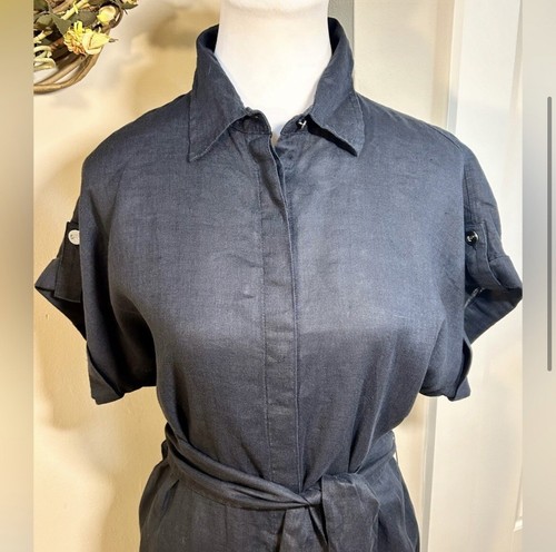 NWT LAUREN RALPH LAUREN Linen Utility Button Front Navy Shirt Dress w/Belt - Picture 2 of 9