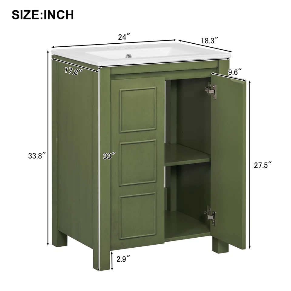 Combo de tocador pequeño vintage 24x18x34": fregadero de cerámica, 2 puertas de cierre suave Foto 2 de 4