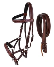 Horse Western Tan Leather Padded Bitless Training Sidepull Bridle Reins