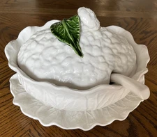 White Oval Cabbage Leaf & Cauliflower Tureen with Lid, Ladle, Underplate