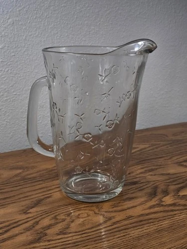 VTG Anchor Hocking Savannah Clear Glass 72 oz Water Pitcher Embossed Rose FLR.