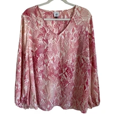 CAbi Bethany Snakeskin V-Neck Blouse Style #5708 Pink Balloon Sleeves Sz XXL 