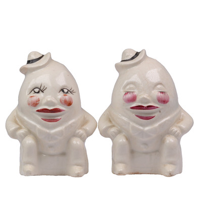 Humpty Dumpty Salz Pfefferstreuer Japan anthropomorphe weiße Keramik um 1940