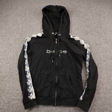 Bebe Black Zip Up Hoodie Rhinestone Logo Floral Lace Sleeve Trim Womens Medium