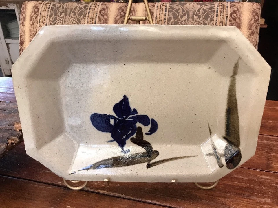 Plato Bandeja para Servir Cerámica Lanzada a Mano 13.5”x9.5” Grande Iris Asiático FIRMADO Foto 2 de 4