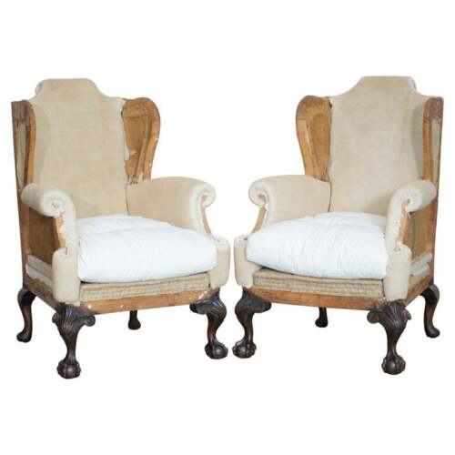 PAIR OF ANTIQUE VICTORIAN DECONSTRUCTED WINGBACK ARMCHAIRS WITH CLAW & BALL FEET - Picture 1 of 12