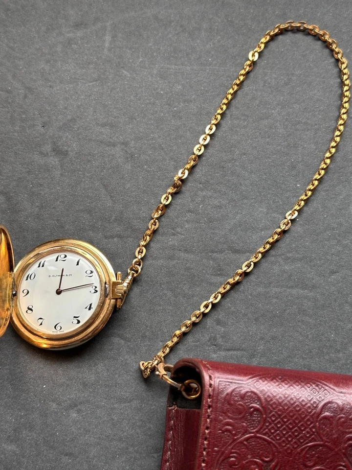 Pocket Watch & Leather case By DuLux Swiss 17 Jewels Signed B. Altman & Co. - Image 4 of 4