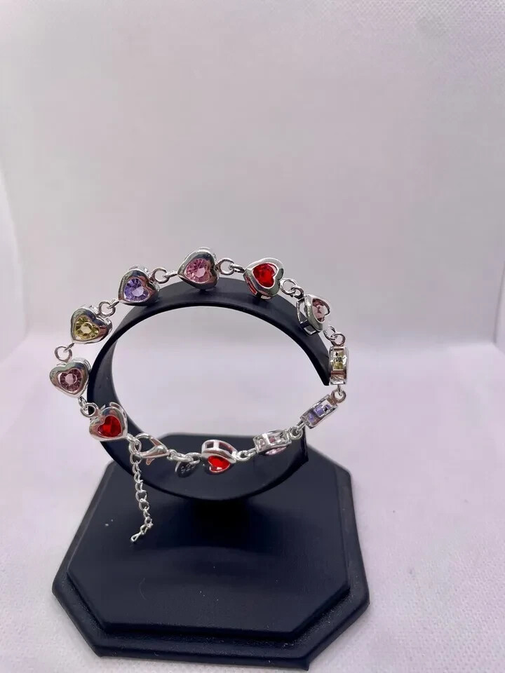 925 sterling silver multi - color stone heart bracelet 8'' adjustable View 5