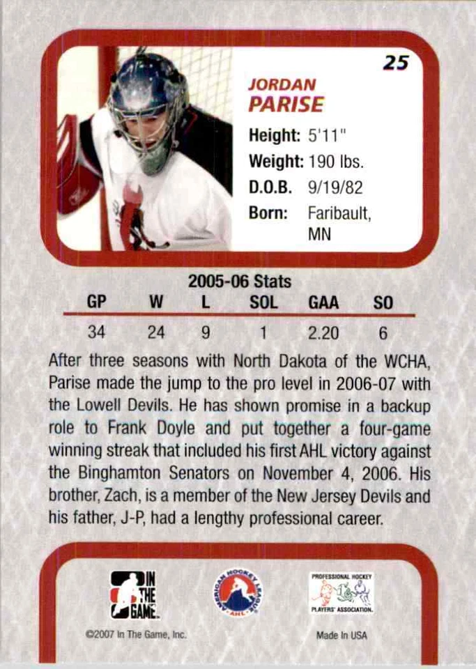 2006-07 In The Game Between The Pipes Jordan Parise #25 - Image 2 of 2