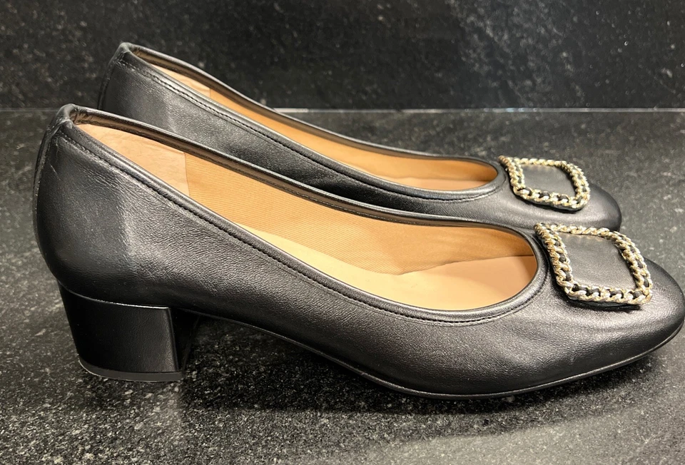 Tacón de salón Izzy suela francesa para mujer cuero negro con hebilla talla 11 B ¡impecable! Foto 3 de 4