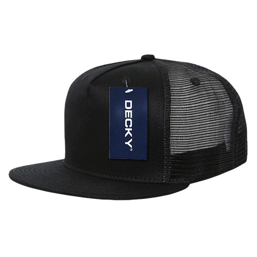 5 Panel Flat Bill Trucker Cap - Black (Decky 1040-BLK, New w