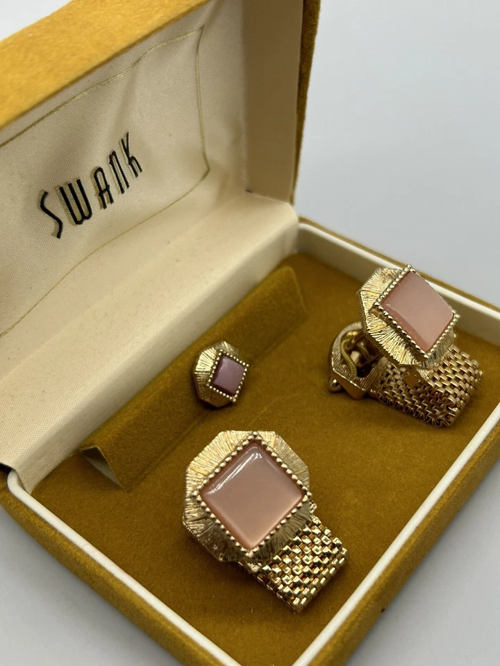 Gemelos y pasador de corbata de malla vintage Swank cuadrado ópalo tono dorado en caja original Foto 3 de 4