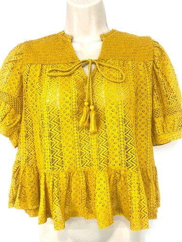 MANGO Yellow Lace Retro Boho COTTON Blend Women's Cropped Blouse UK 12 14 M - Picture 2 of 3