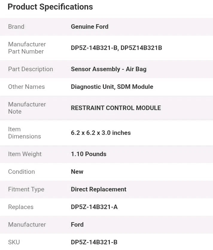 New 2013-2016 Lincoln MKZ Sensor SDM RCM Restraint Control Module DP5Z-14B321-B - Image 4 of 4