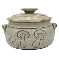 Studio Pottery Lidded Casserole Dish – Mushroom Motif, Signed “WAB”