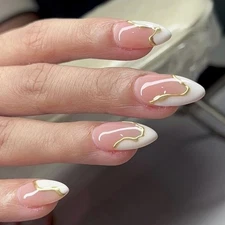 3D Press on Nails Short Almond with Gold Line Design, Pink French Nail White ...