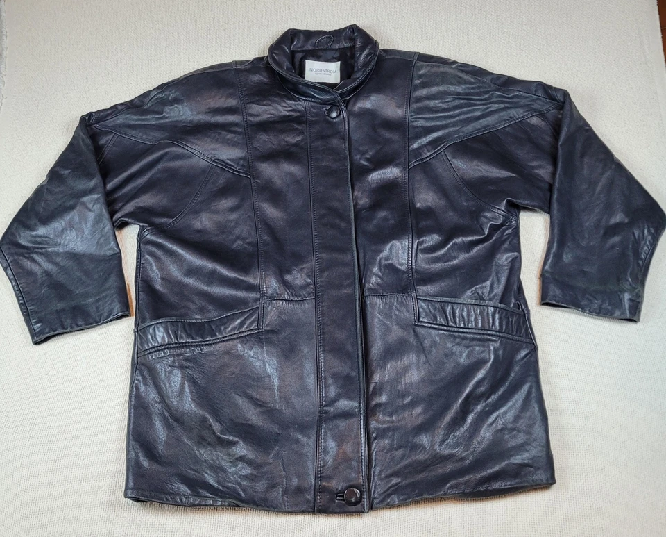 Chaqueta De Colección Nordstrom Mujer Mediana Cuero Negro Ciudad Cuadrada Cremallera Botón Abrigo Años 90 Foto 2 de 4