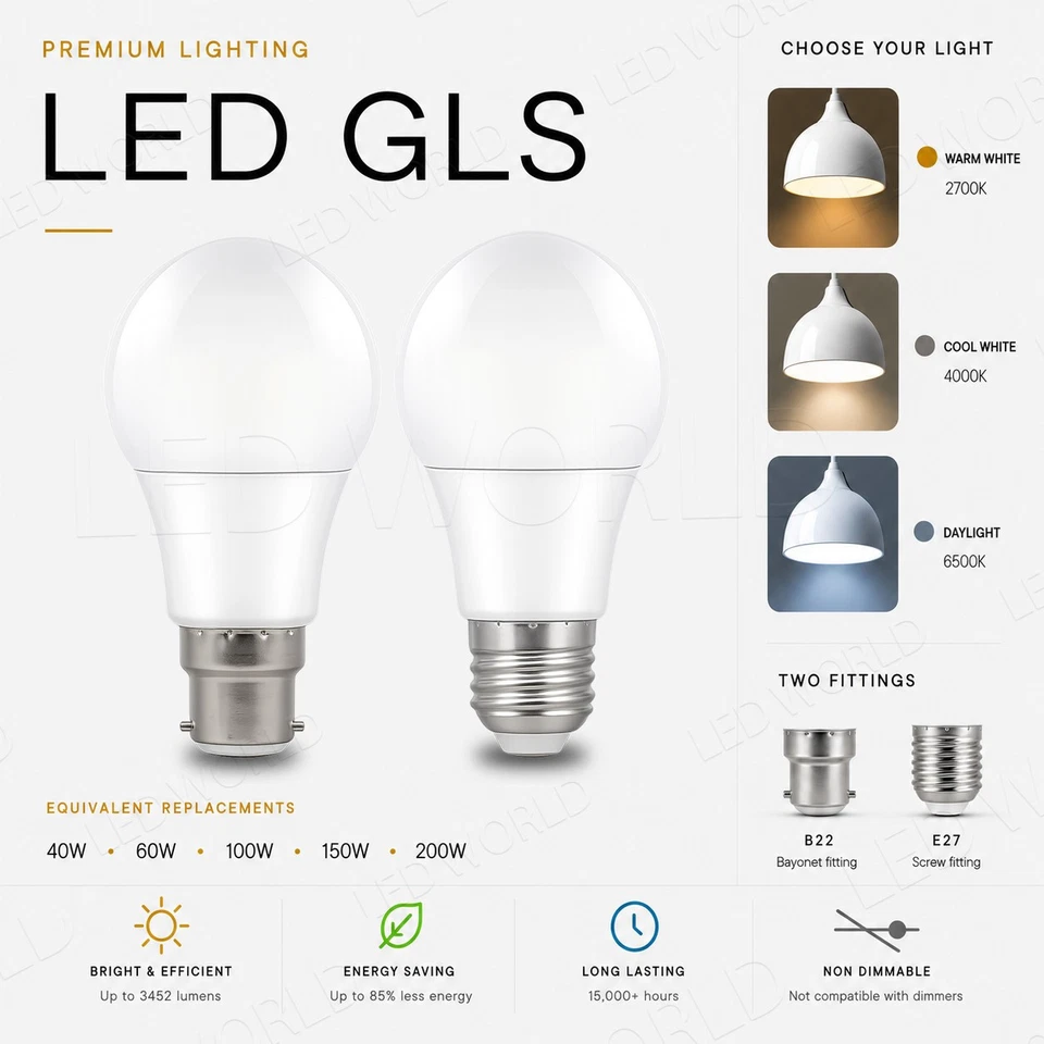 Screw / Bayonet LED Light Bulbs 9W=60W 15W=100W Warm White Daylight Cool B22 E27 - Image 1 of 4