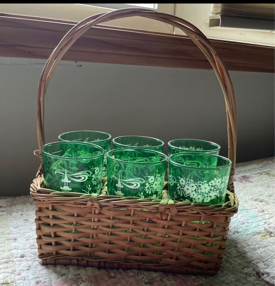 Rare MCM Asian-inspired green cocktail glasses in a wicker carrier — the kind of vintage barware set that becomes the centerpiece of a home bar.