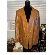 Mens Brown Leather Overcoat Size 42 Button Fr...