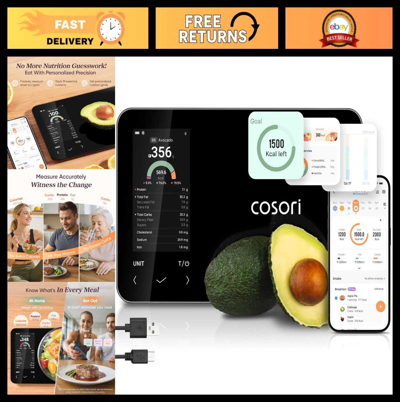 Smart Kitchen Food Scale with Nutritional Calculator, Calorie Tracking, Recharge