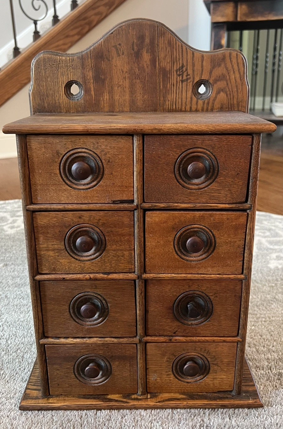 ANTIQUE PRIMITIVE WALL OAK WOOD SPICE CABINET RACK 8 DRAWER