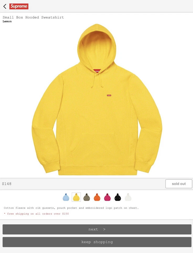Sweat à capuche jaune petite boîte Supreme. Taille L. Neuf avec étiquette. Deadstock. 