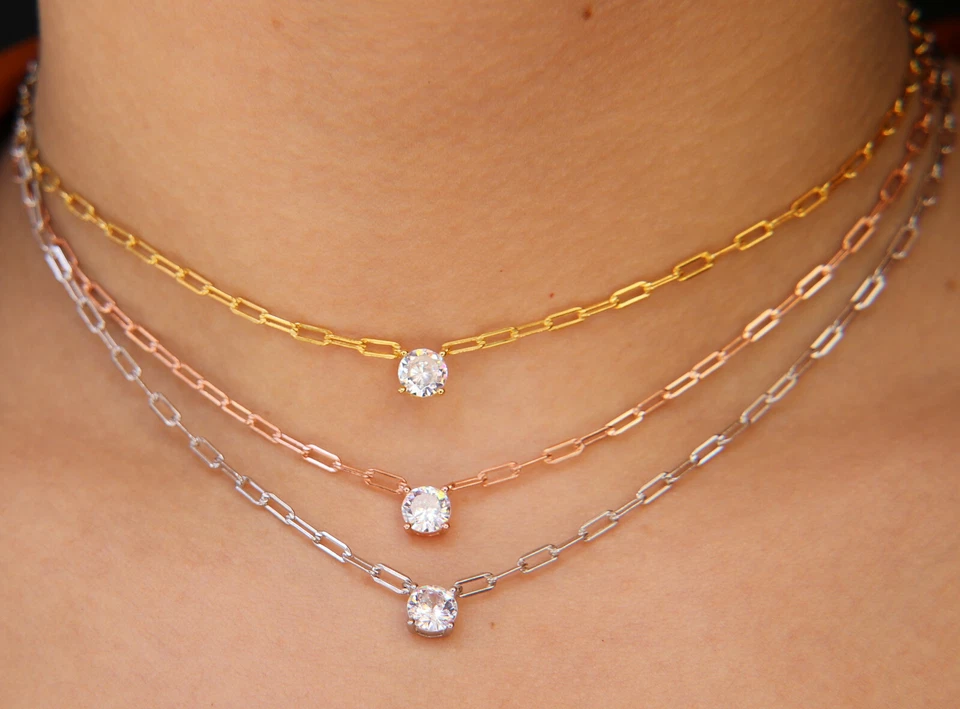 choker zircone tondo argento 925 graffette collana donna girocollo collare - Immagine 4 di 4