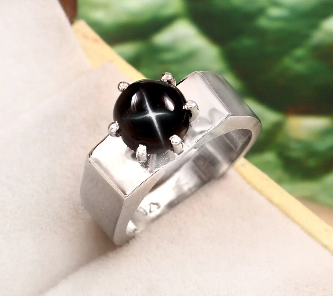 Round Black Star Sapphire Ring   925 Sterling Silver Ring Black Star Stone Ring