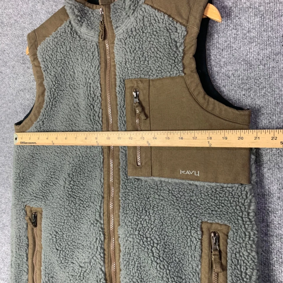 Kavu Vest Mens Sz Medium Gray Brown Deep Pile Fleevce Canvas Zip Up Jacket - Image 3 of 4