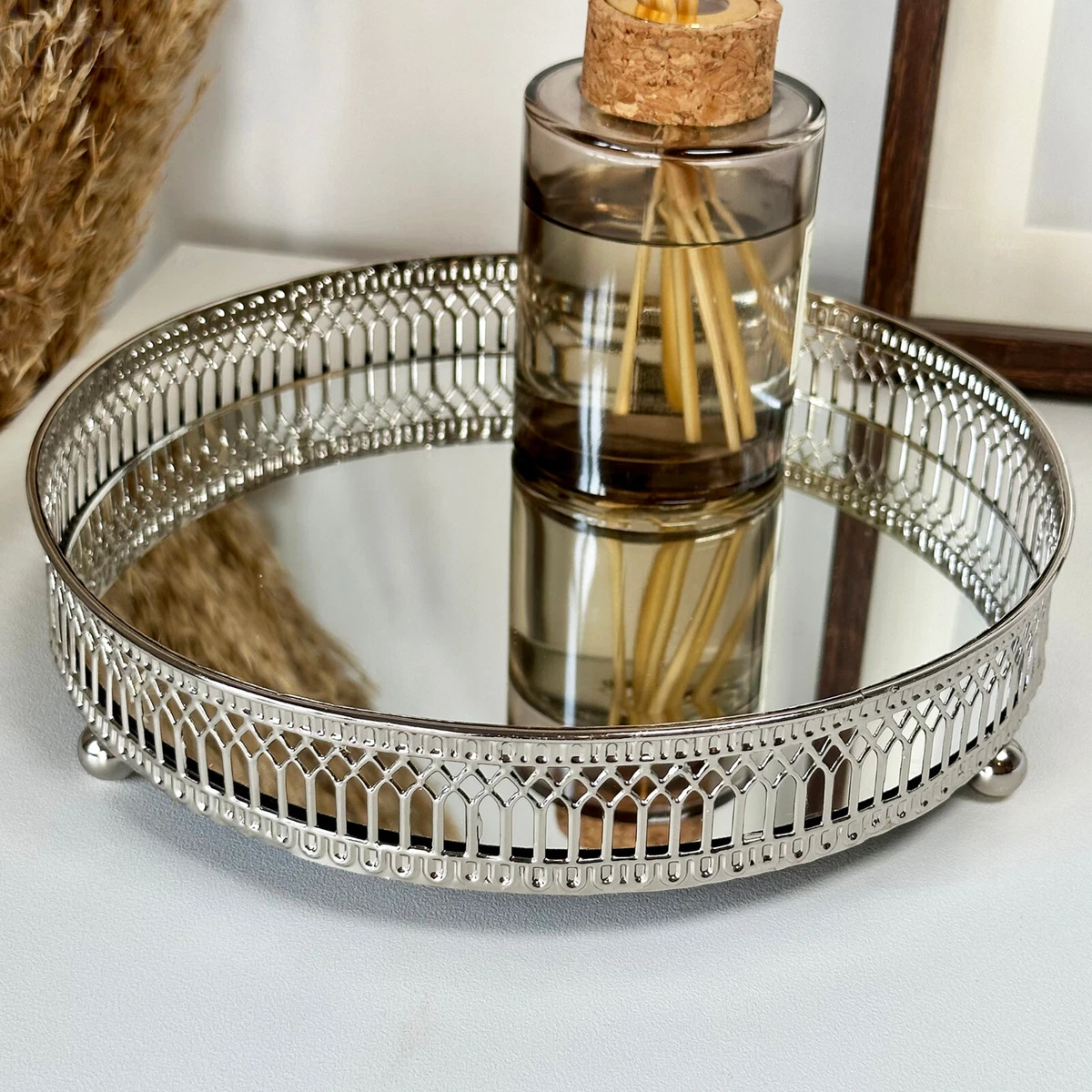 Silver Mirror Candle Plate Round Decorative Tray Metal Frame
