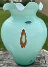 Large Italian Millefiori Arte Murano Lavorazione Green White Cased Vase