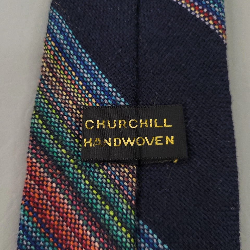 Corbata Churchill vintage para hombre azul colorida rayas ajustada corta tejida franela de lana Foto 4 de 4