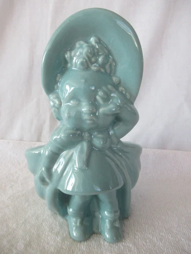 Vintage Haeger Pottery Crying Baby Girl with Bonnet Planter in Aqua